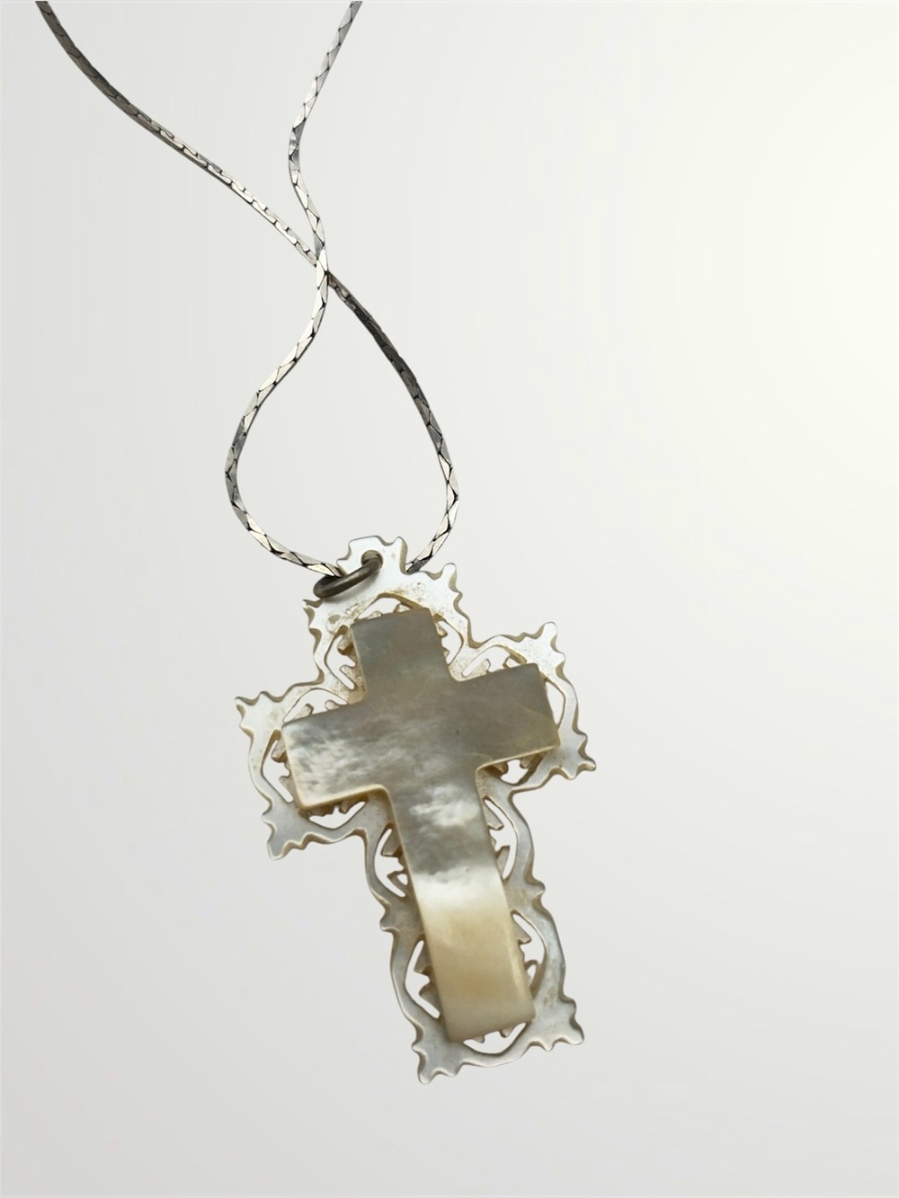 Vintage Carved Mother of Pearl Cross Necklace
